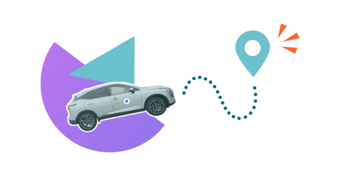 A car driving to a specific point highlighted by a location icon on a stylised background