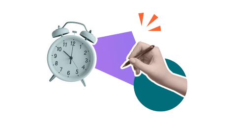 An alarm clock next to a hand writing with a pen on a stylised background