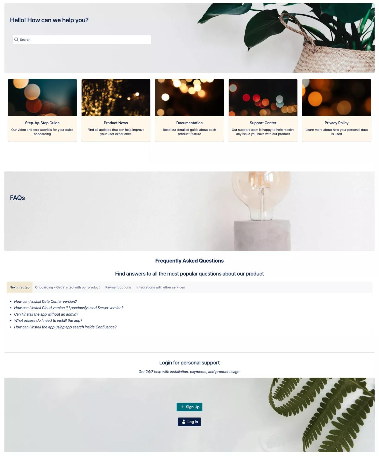 A screenshot of the full Knowledge Base template showing a clear layout with several sections including FAQs, key links, and a search bar.