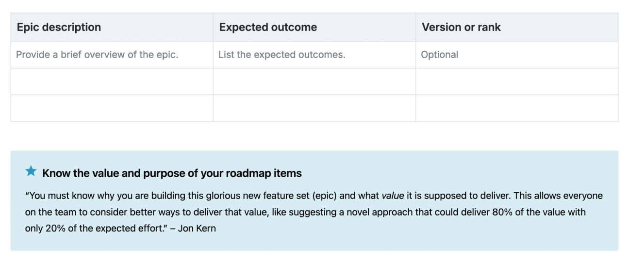 A screenshot of a section of the Agile Product Roadmap Template, showing a table for pairing epics with their expected outcomes and a tip from Jon Kern