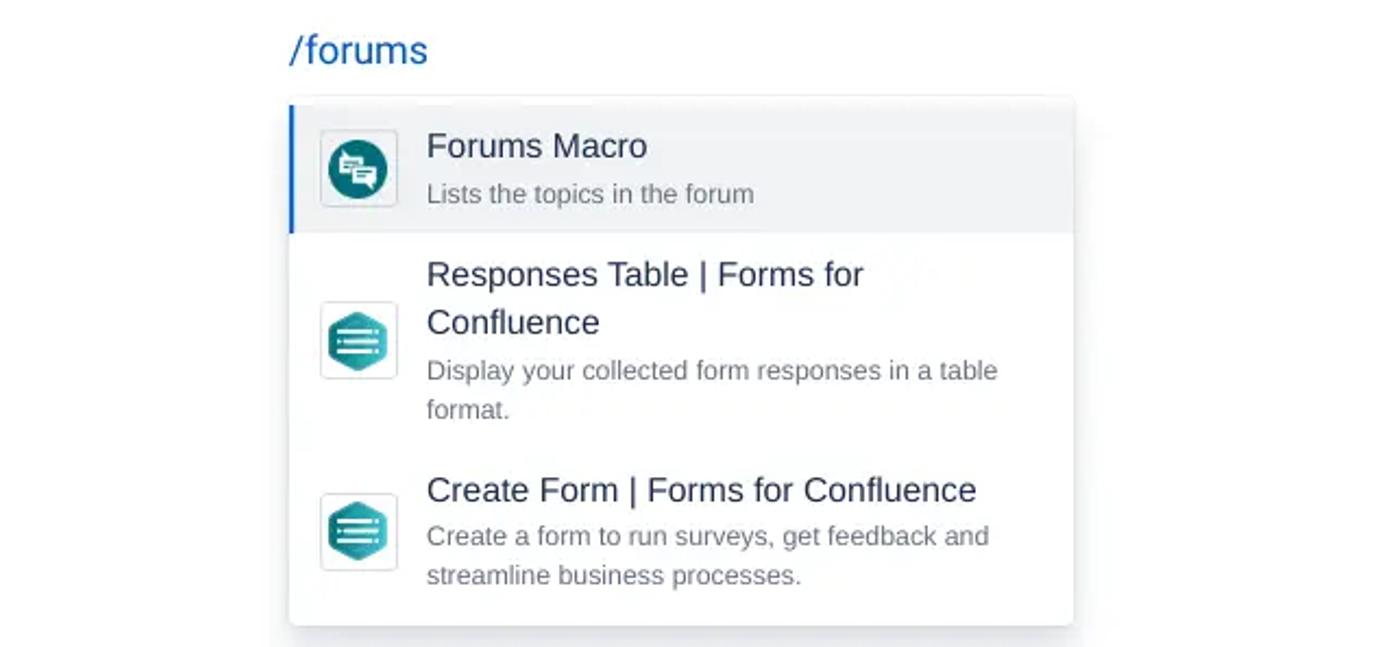 A Confluence dropdown showing the Community Forums macro