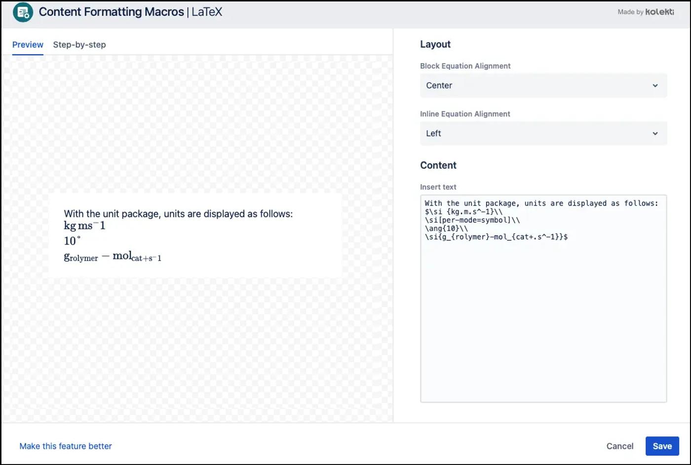 The LaTeX for Confluence editor with various units of measurement in the text box