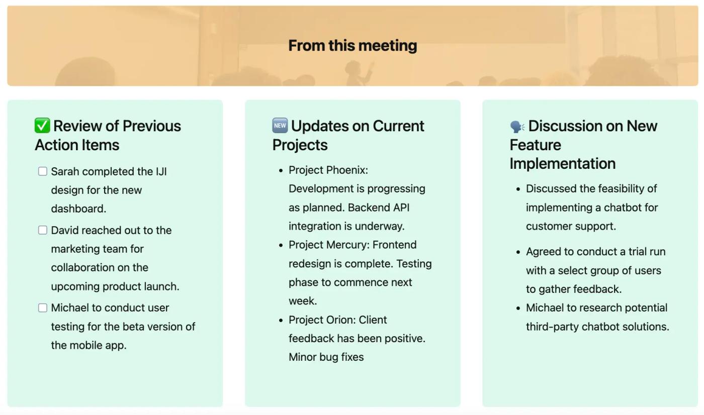 A Confluence meeting notes page showing action points for a meeting