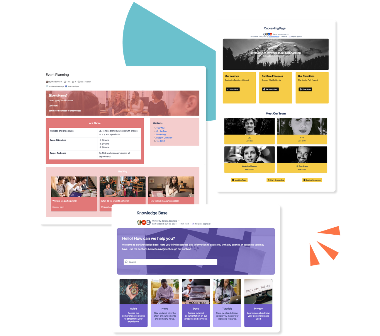 Three branded Confluence templates created using Mosaic