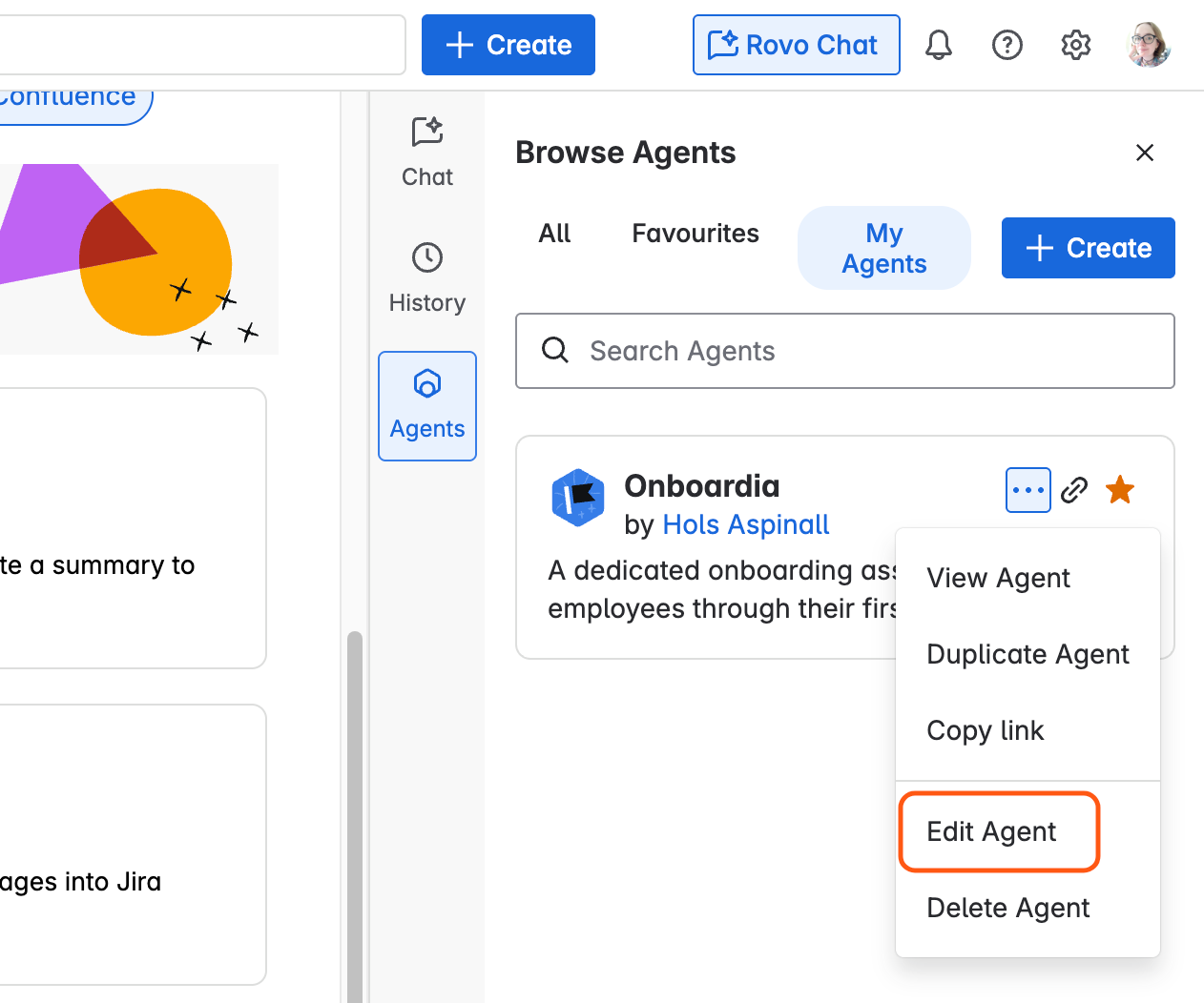 Screenshot of a Rovo Agent selected in Confluence with the 'Edit Agent' option circled