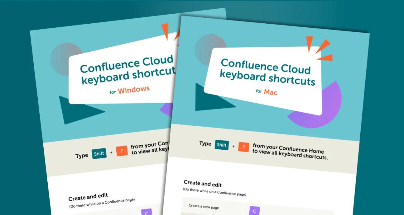Two overlapping infographic cheatsheets listing Confluence keyboard shortcuts
