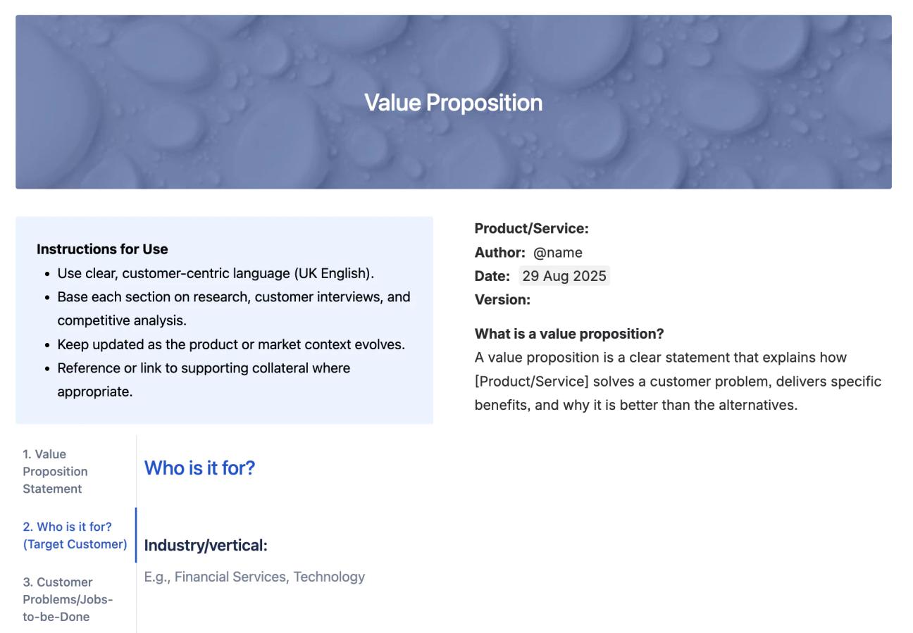The top half of Mosaic's value proposition framework for Confluence, showing the heading in a blue background, instructions for use, an overview of the page, and some of the tabs, with the 'Who is it for?' tab open.