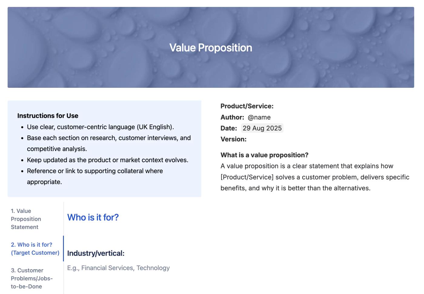 The top half of Mosaic's value proposition framework for Confluence, showing the heading in a blue background, instructions for use, an overview of the page, and some of the tabs, with the 'Who is it for?' tab open.