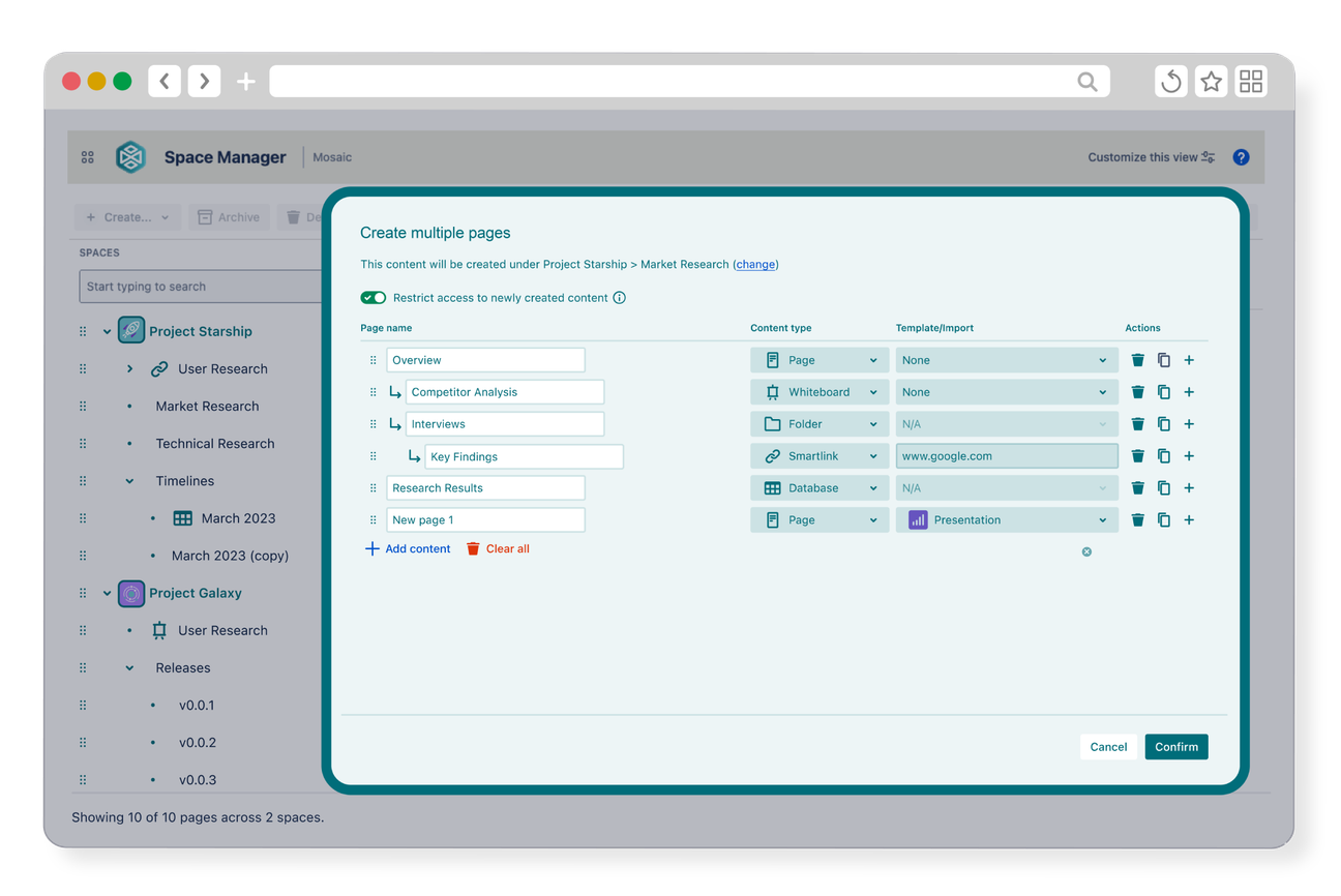 A browser window showing a Confluence content management centre with a dialog open to create multiple pages at once