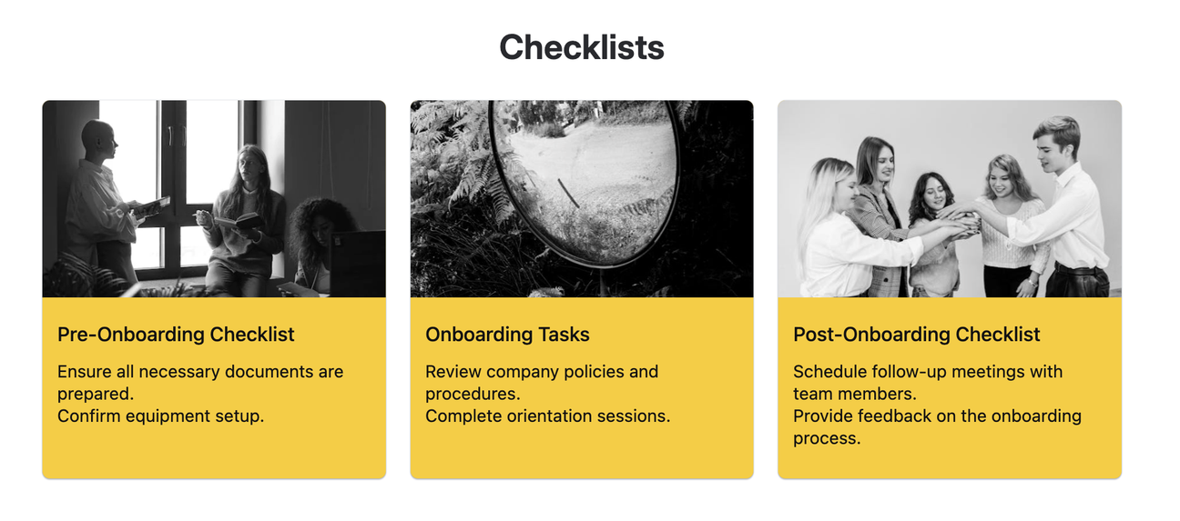 Three yellow cards in a row with links to different employee onboarding checklists