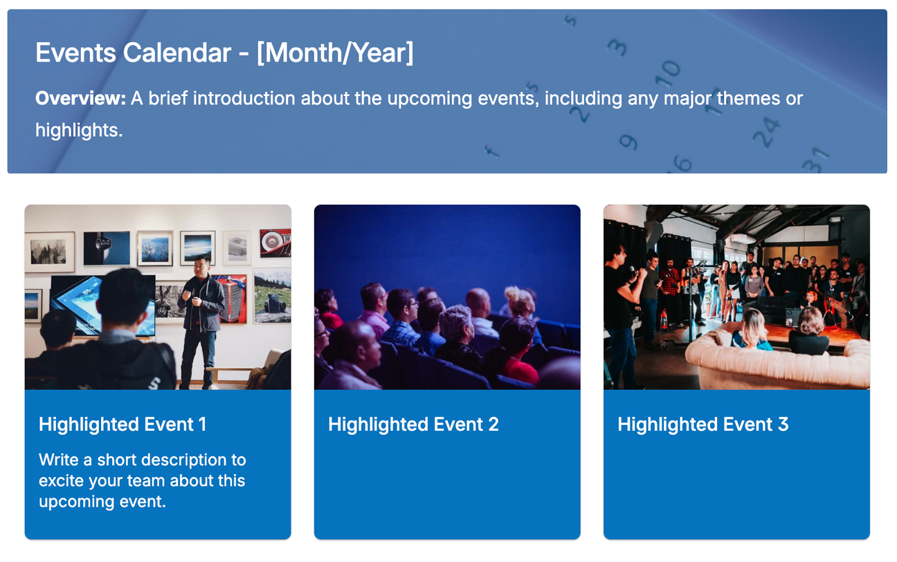 The banner and highlighted events sections of our Events Calendar Template for Confluence.