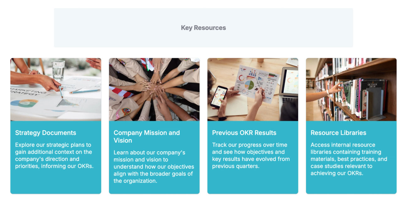 The "Key Resources" section of the OKRs Page Template, showing linked content in Advanced Cards