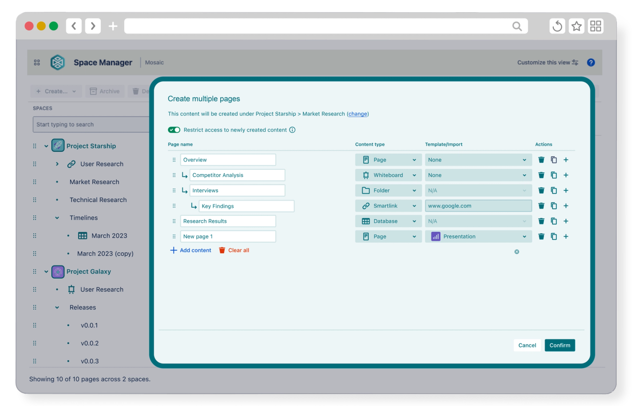 Rendering showing Space Manager's content management dashboard in Confluence with an overlay showing the menu to create multiple pages at once