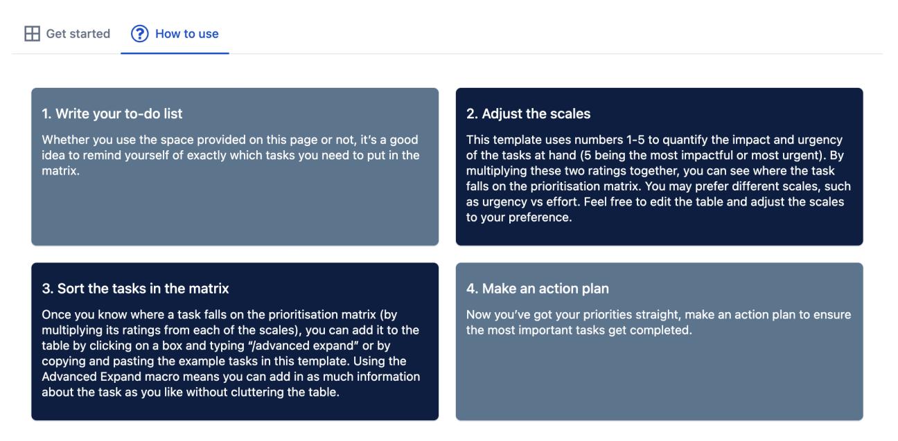 A screenshot of the 'How to use' tab of the prioritisation matrix example page.