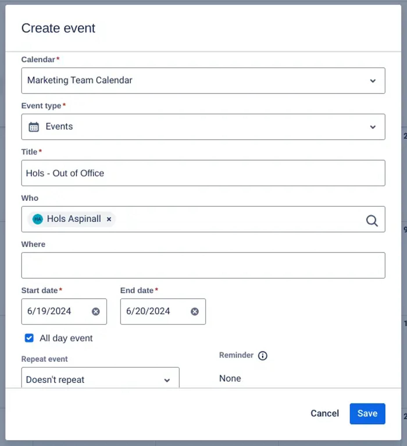 The ‘Create event' pop-up in the Confluence calendar