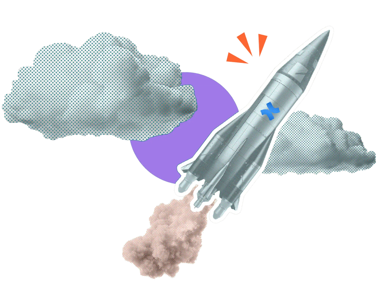 A rocket ship showing the Confluence logo flying though the clouds