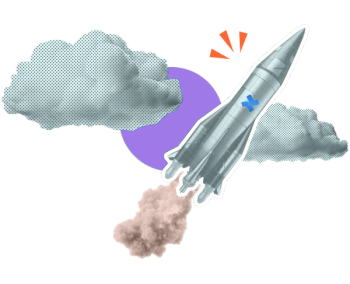 A rocket with a Confluence logo soaring through the clouds