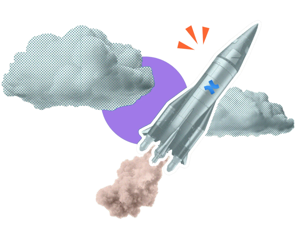 A rocket ship with the Confluence logo shooting past some clouds