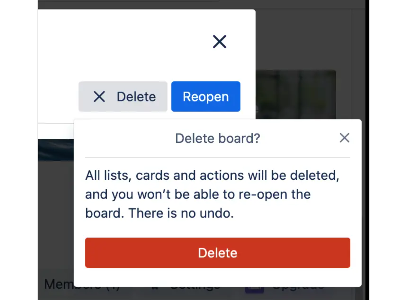 A pop-up confirming whether to delete a closed Trello board