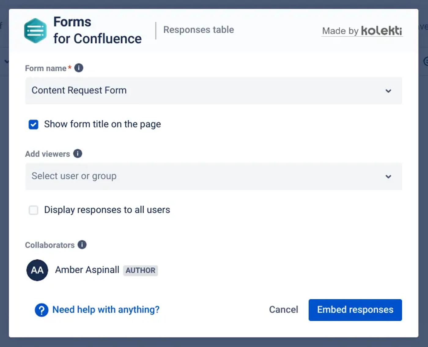 A dialog box with options to share a form and display responses to certain users