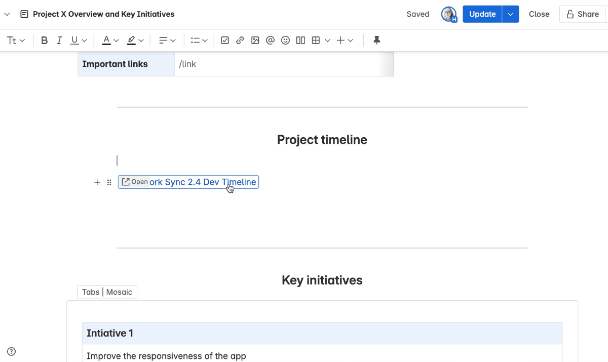 Animated GIF of a user switching between different views of a Confluence Smart Link