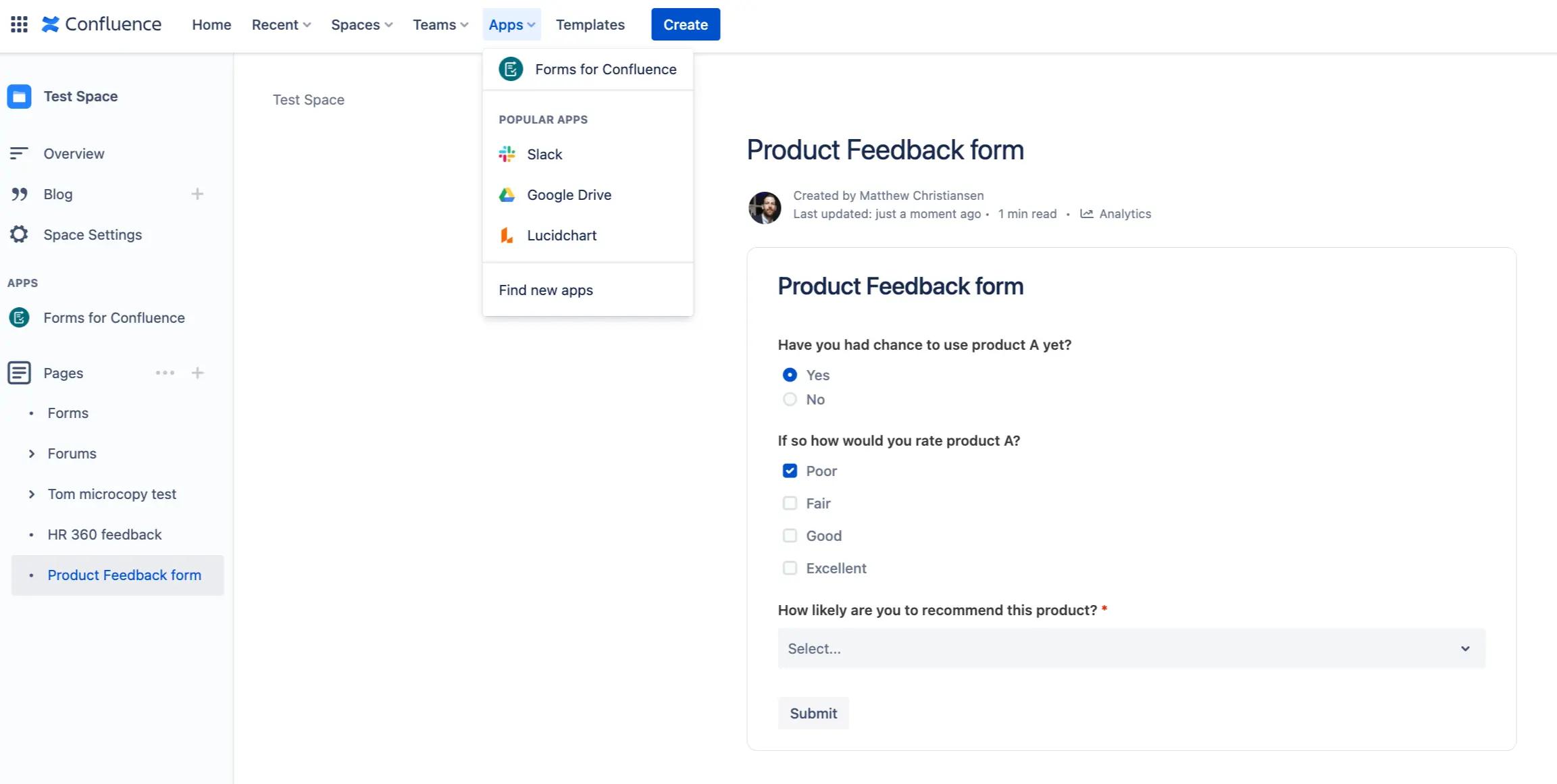 The Forms for Confluence app in the Confluence Apps dropdown menu