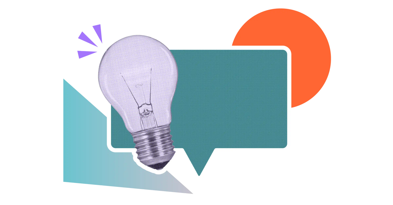 A collage-style image of a speech bubble and a lightbulb
