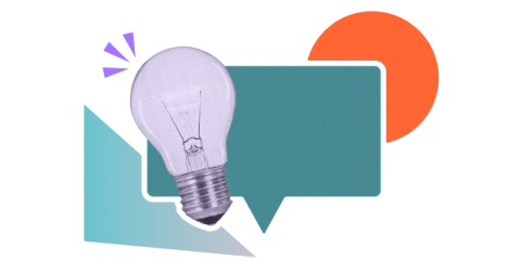 A teal speech bubble beside a lightbulb