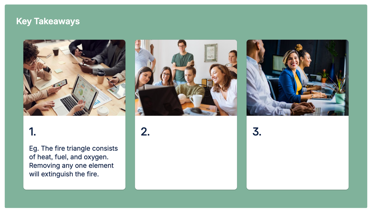 A screenshot from the Training Page Template, showing key takeaways highlighted with the Advanced Cards macro for Confluence.
