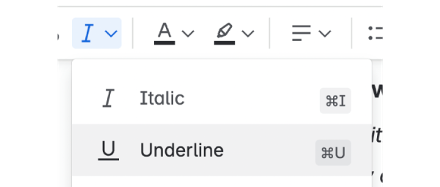 Text formatting options in Confluence with the Underline option highlighted