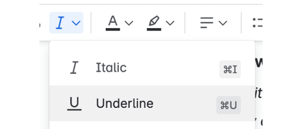 Text formatting options in Confluence with the Underline option highlighted