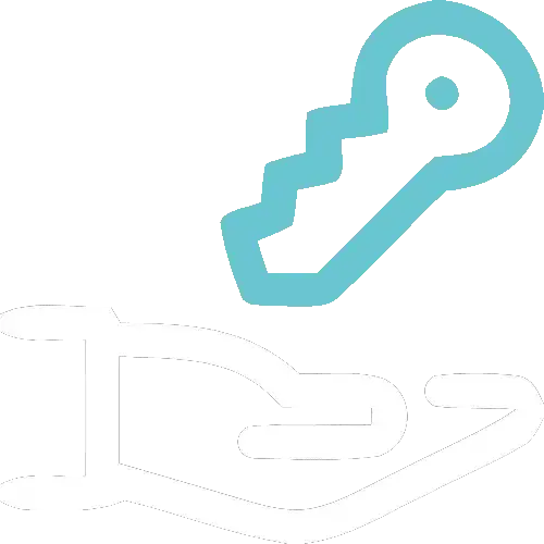 An icon of a white hand holding a blue key