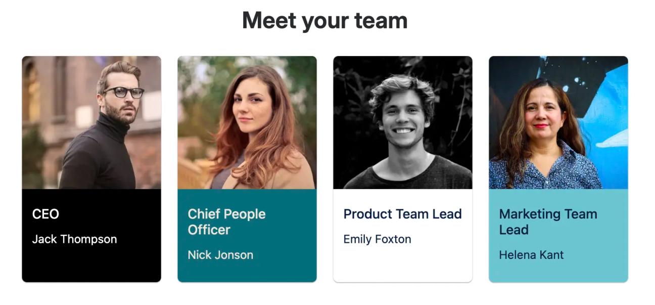 The 'Meet your team' section of the team page template, showing eye-catching team profiles