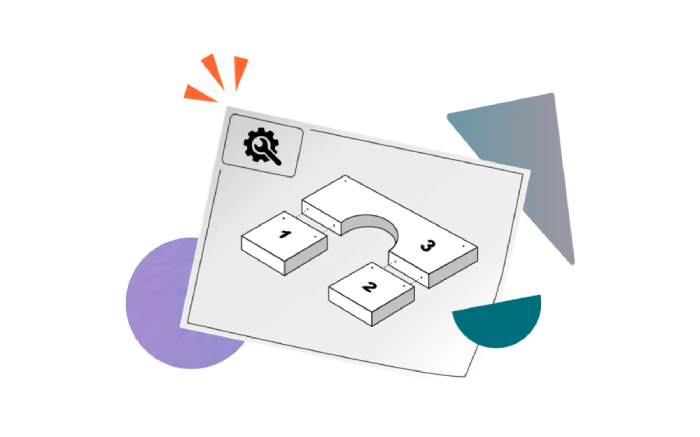 A stylised blueprint showing steps for assembling a bridge shape