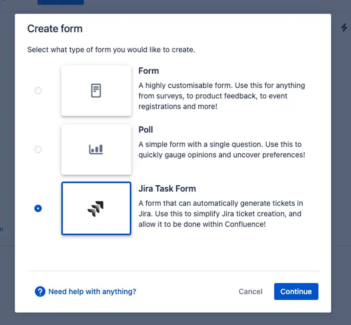 A Confluence dialog with the option to create a Jira Task Form