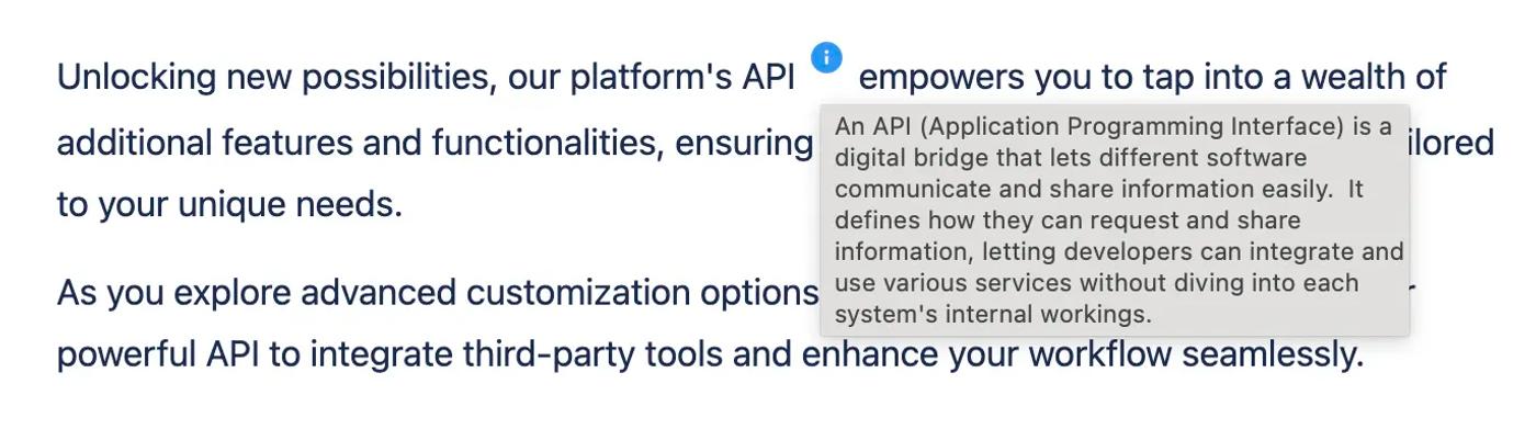 Some text in Confluence with a tooltip giving the definition of an API