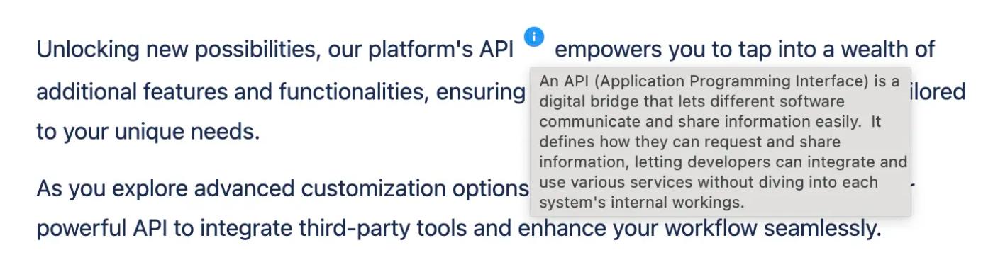 Some text in Confluence with a tooltip giving the definition of an API
