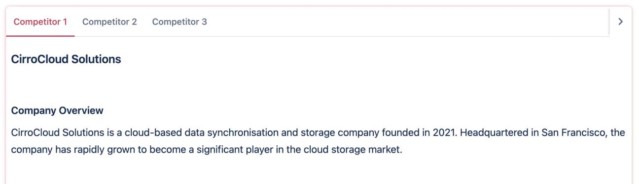 A screenshot showing tabs with different competitors' information on each one