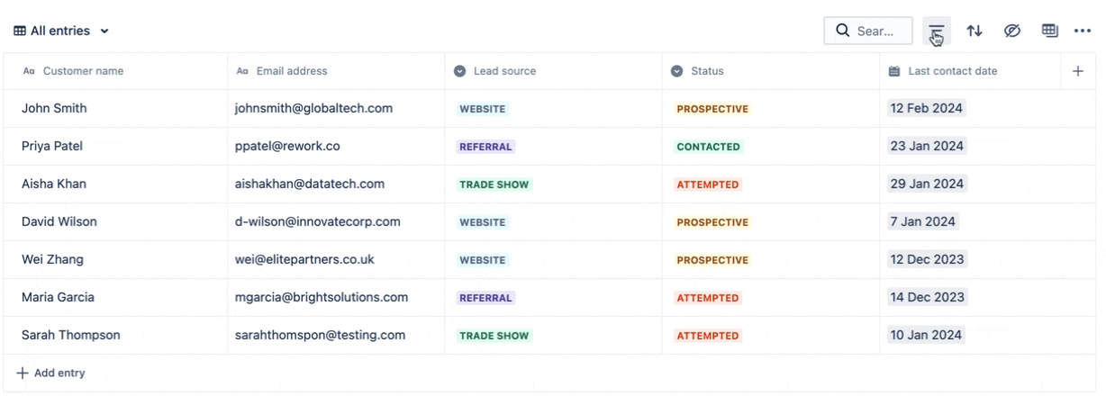 A GIF of a user filtering a Confluence database entries based their status