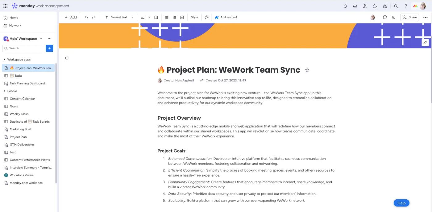 A monday.com doc showing an app project plan