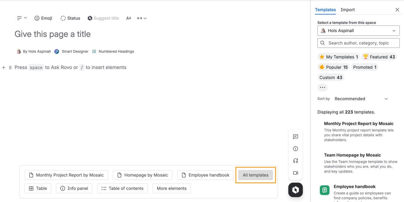 A screenshot of a Confluence page with the All templates button highlighted