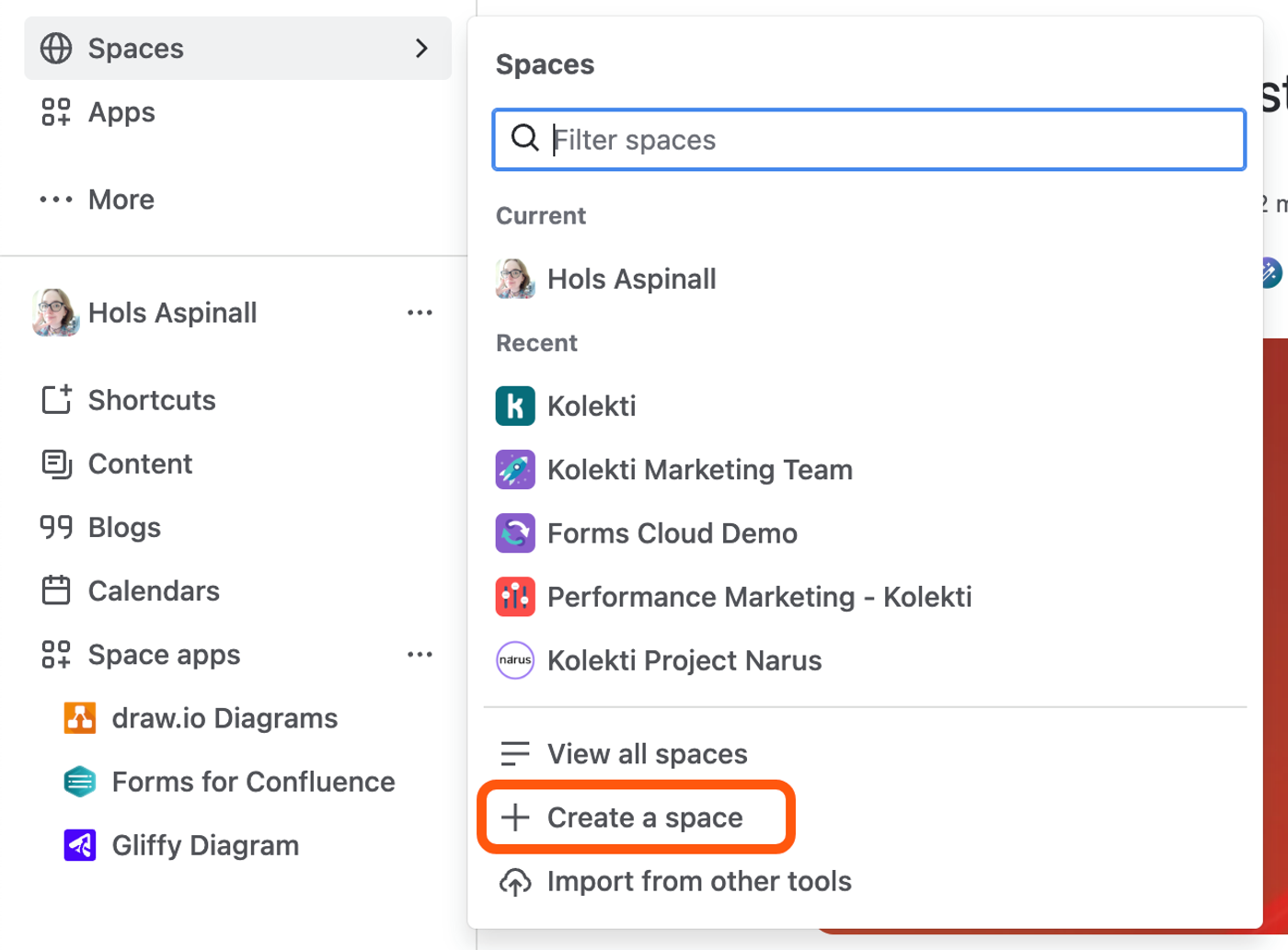 The Confluence Spaces dropdown menu with 'Create a space' highlighted