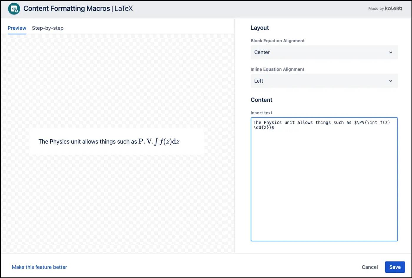 The LaTeX for Confluence editor with the Cauchy principal value in the text box