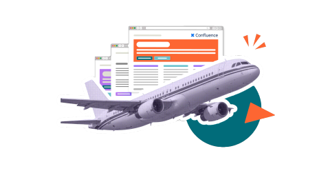 A plane flying upwards past three Confluence pages