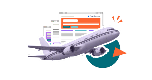 A plane flying upwards past three Confluence pages