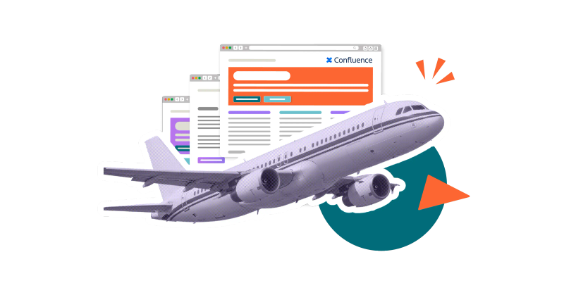 A plane flying upwards past three Confluence pages