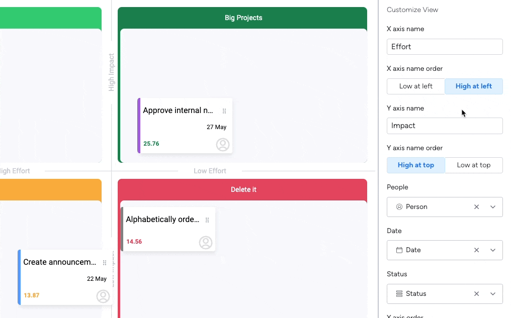 A gif showing a cursor scrolling through settings to change the style of a monday.com priority matrix