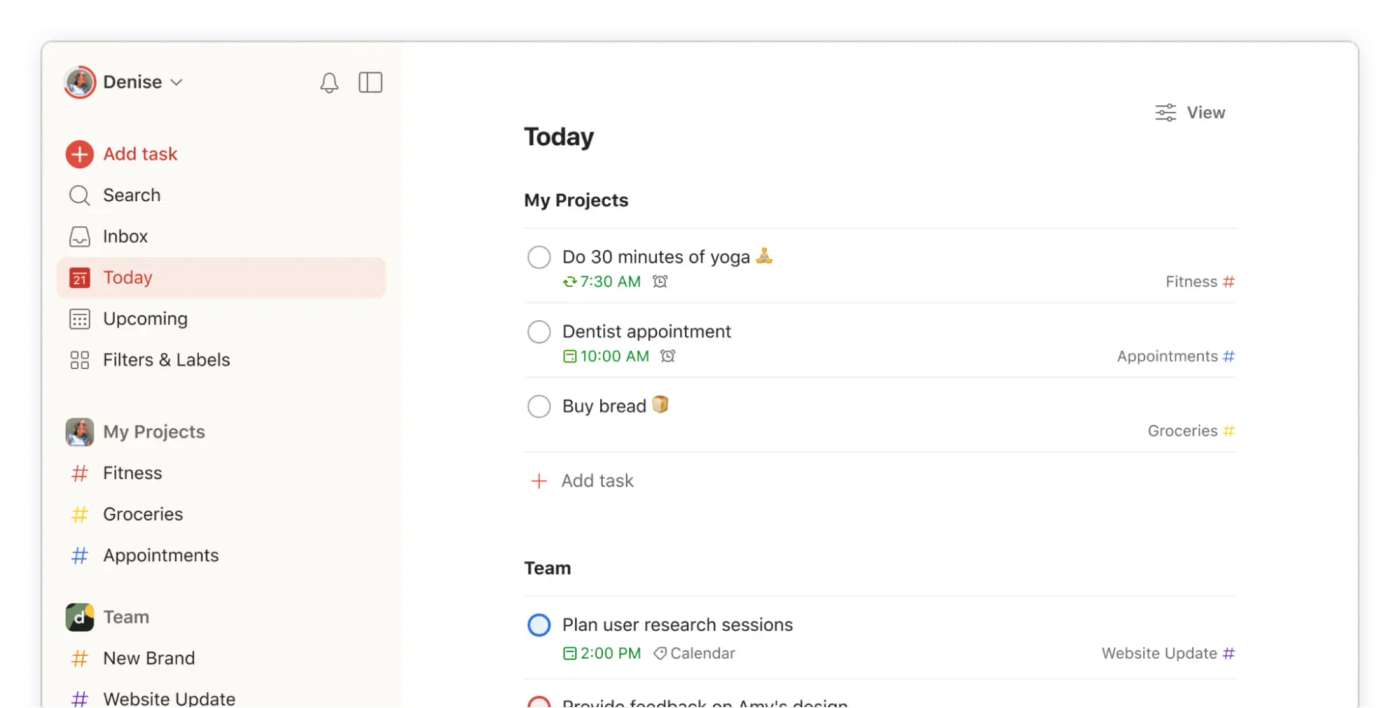 A screenshot of Todoist’s desktop app showing a today to-do list