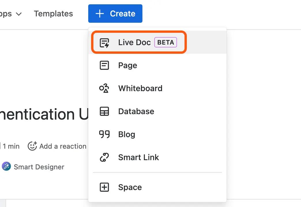 The Create menu in Confluence Cloud with the Live Doc option highlighted