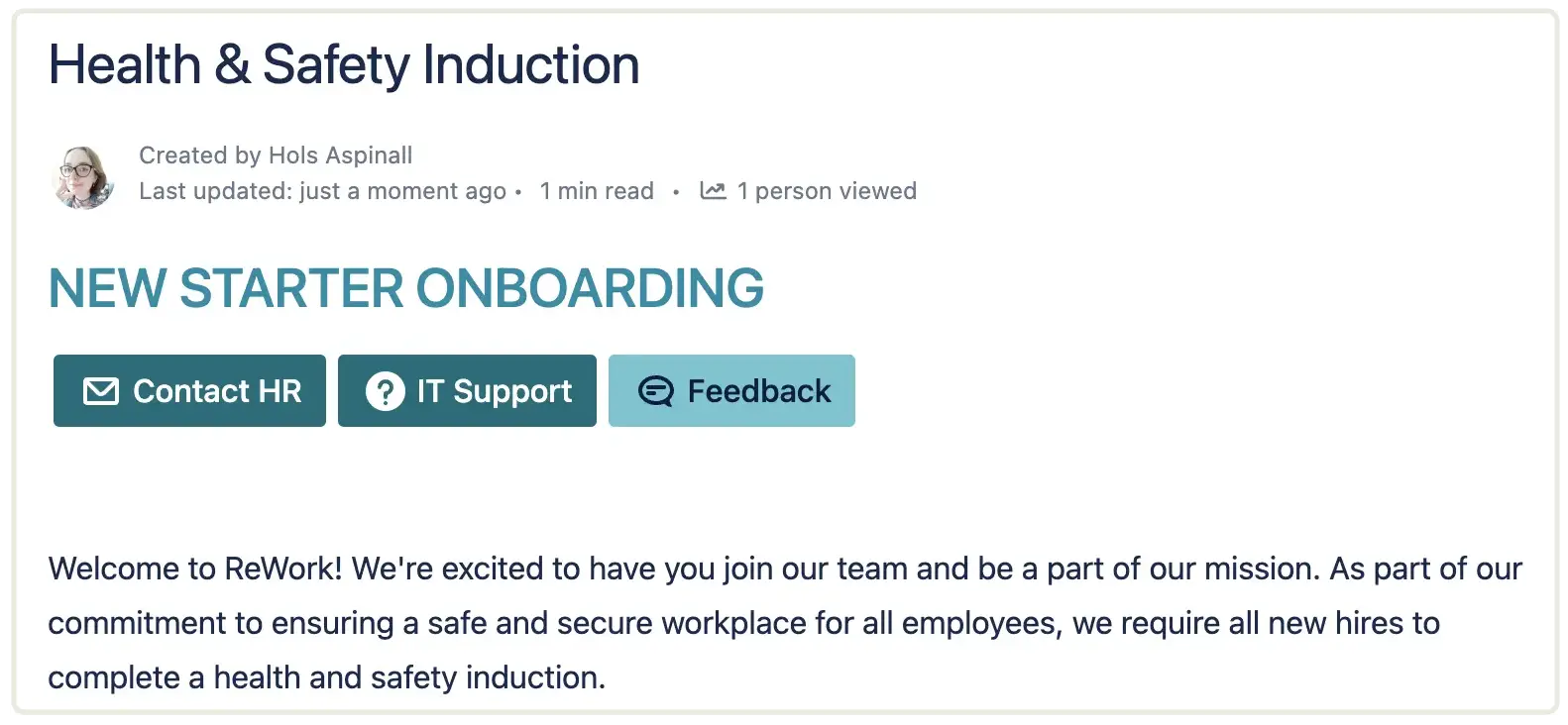 A screenshot of a new starter induction page with buttons in Confluence
